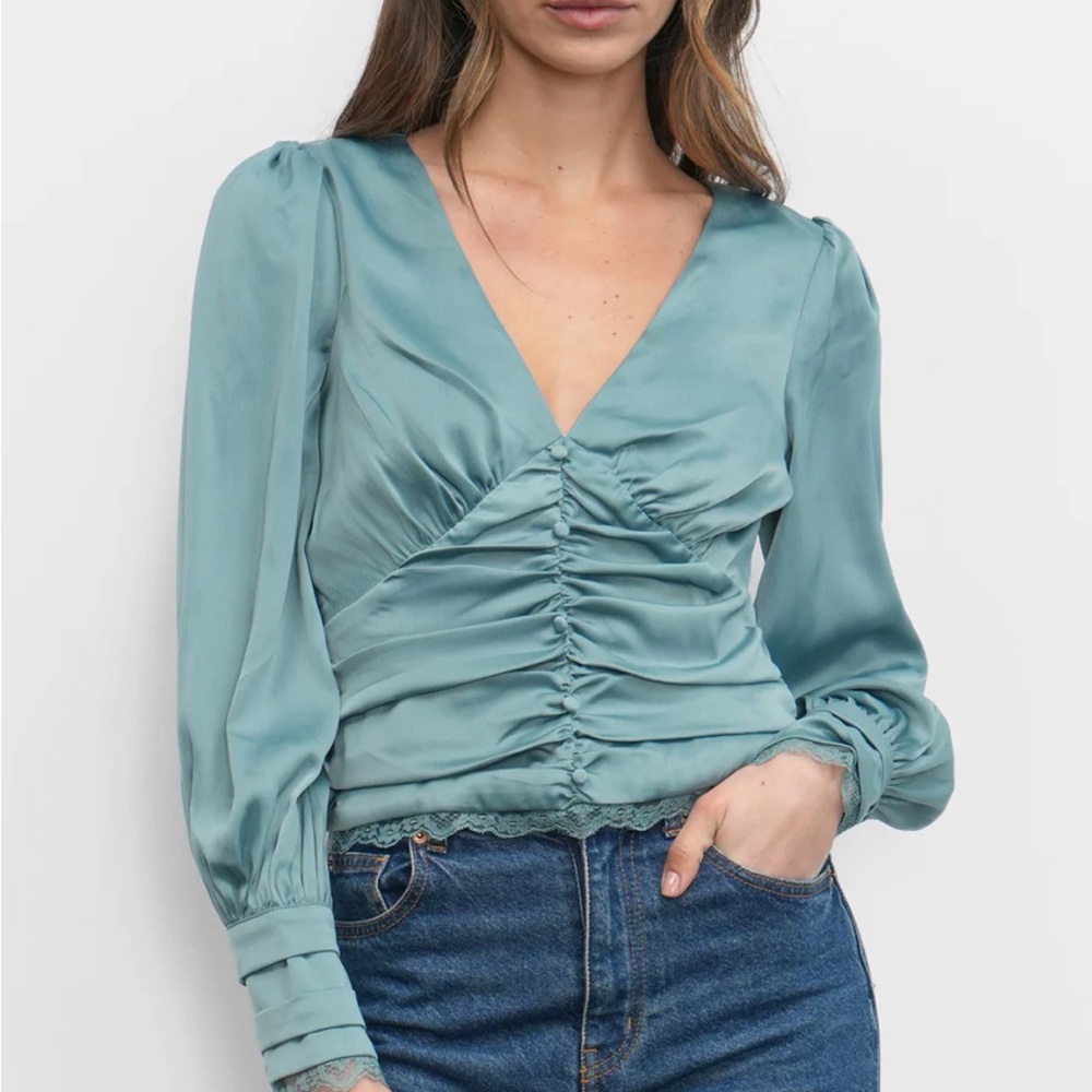 Greylin Taylor Button Front Satin Ruched Blouse | Women’s Large